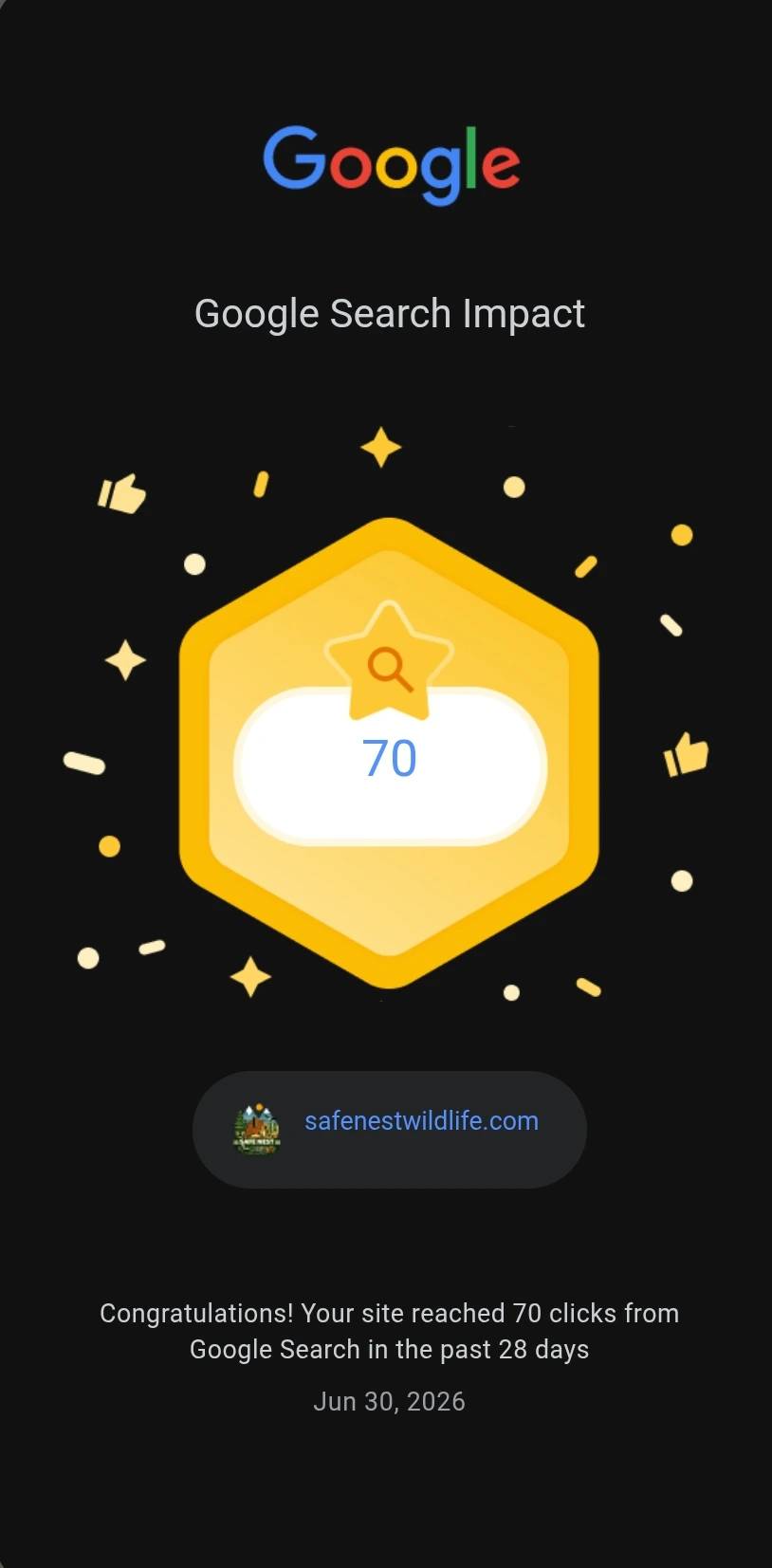 SafeNest Wildlife SEO Milestone - 70 Organic Clicks